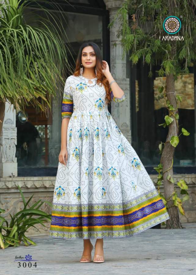 Aradhna Bandhani 3 Heavy Cotton Festive Wear Cotton Anarkali Long Kurti Collection